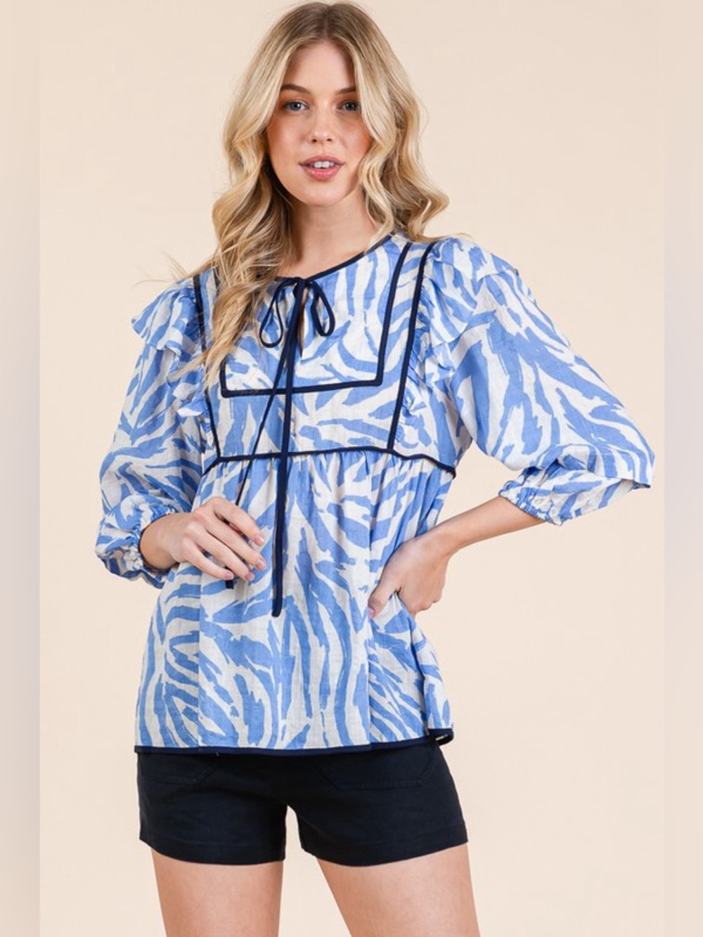 Lime 'N' Chili Graphic Print Solid Trim Quarter Sleeve Blouse - Picture 7 of 14